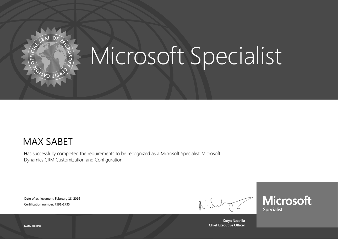 Max Sabet Microsoft Specialist - Dynamics CRM Customization and Configuration